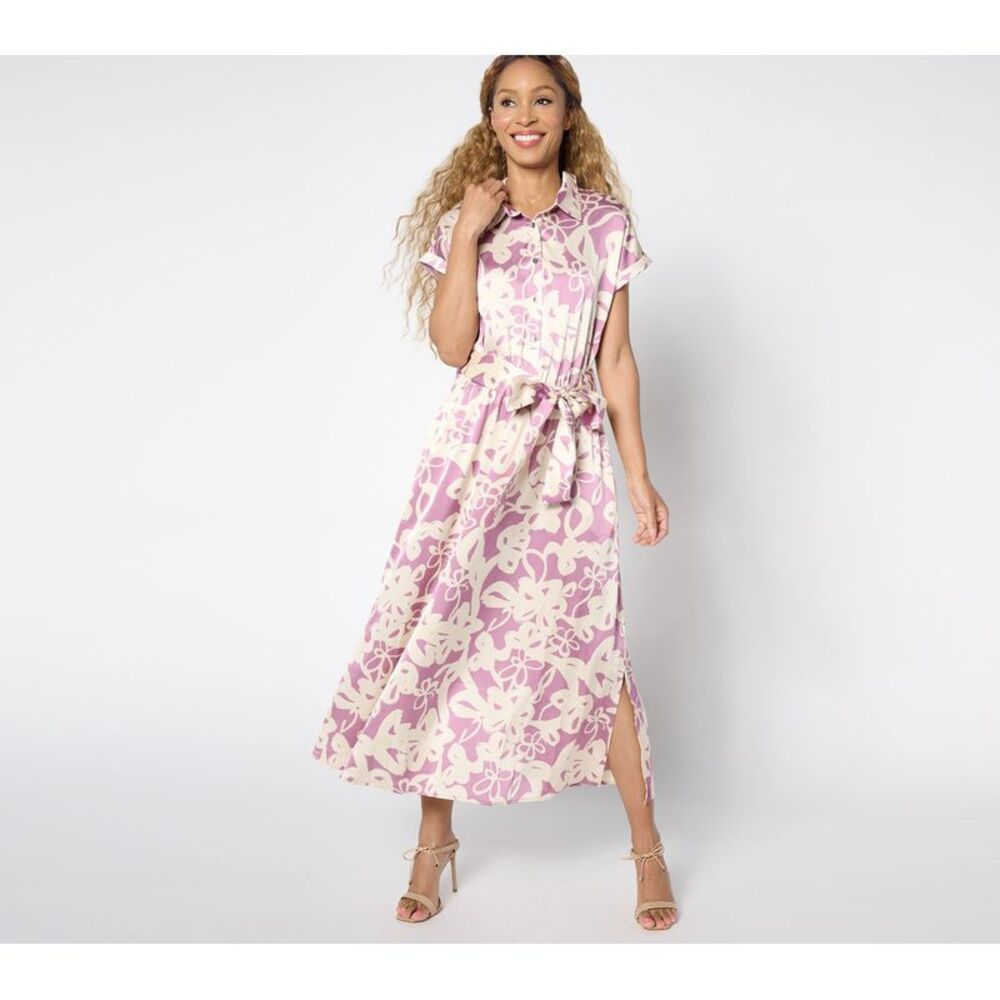 Liberare Women's Plus Sz Dress 3X Reg Printed Charmeuse Midi Belted Pink A654272